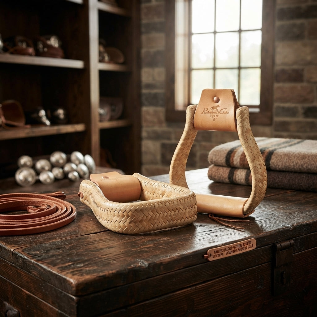 Lifestyle photo of Professional's Choice Rawhide Braided Western Slanted Stirrups - Ergonomic Vaquero Style - Multiple Sizes