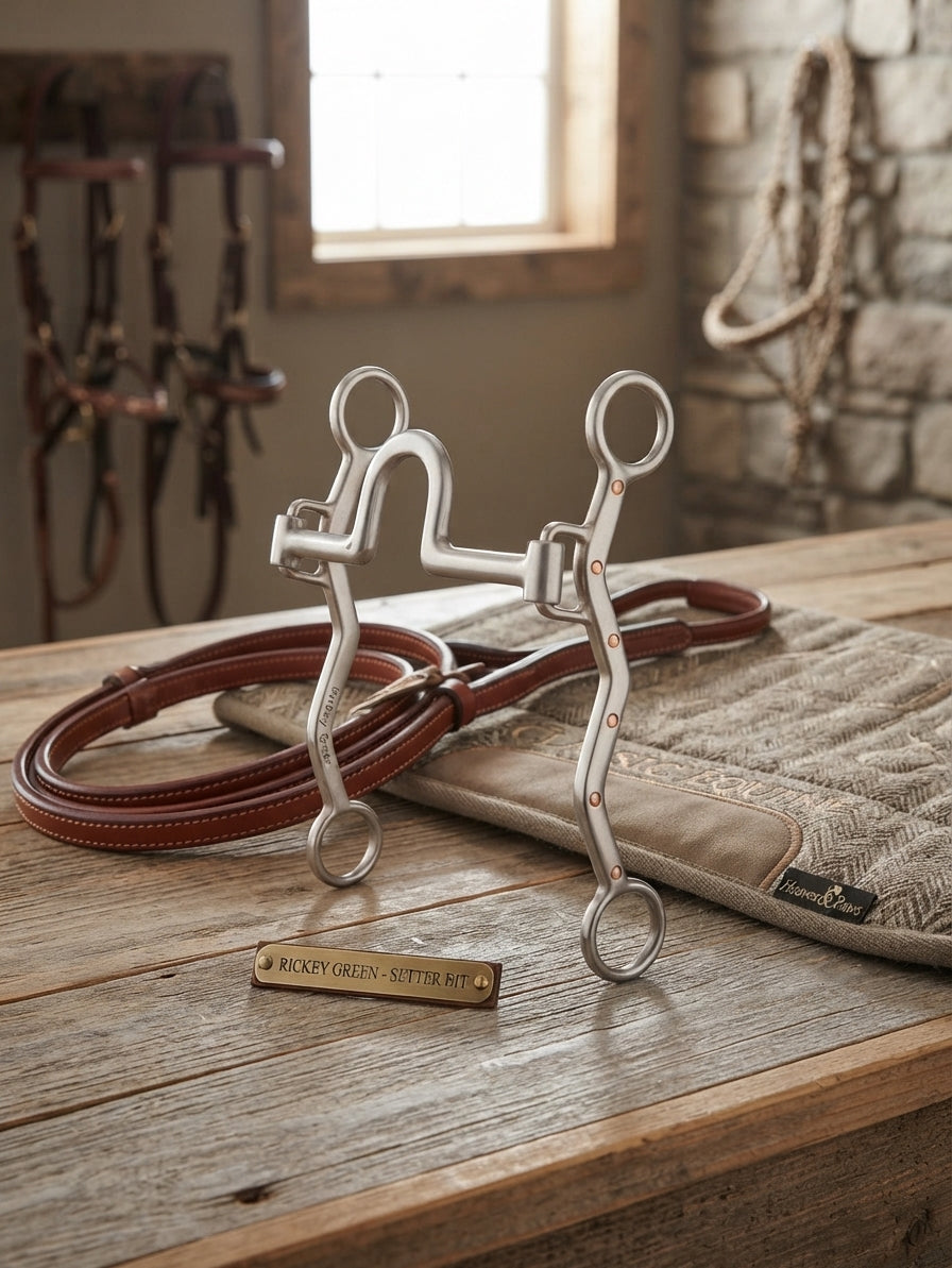 Lifestyle photo of Classic Equine Rickey Green Sharp Setter Port Correction Bit - 7" Mouth, 7 1/4" Shank, Copper