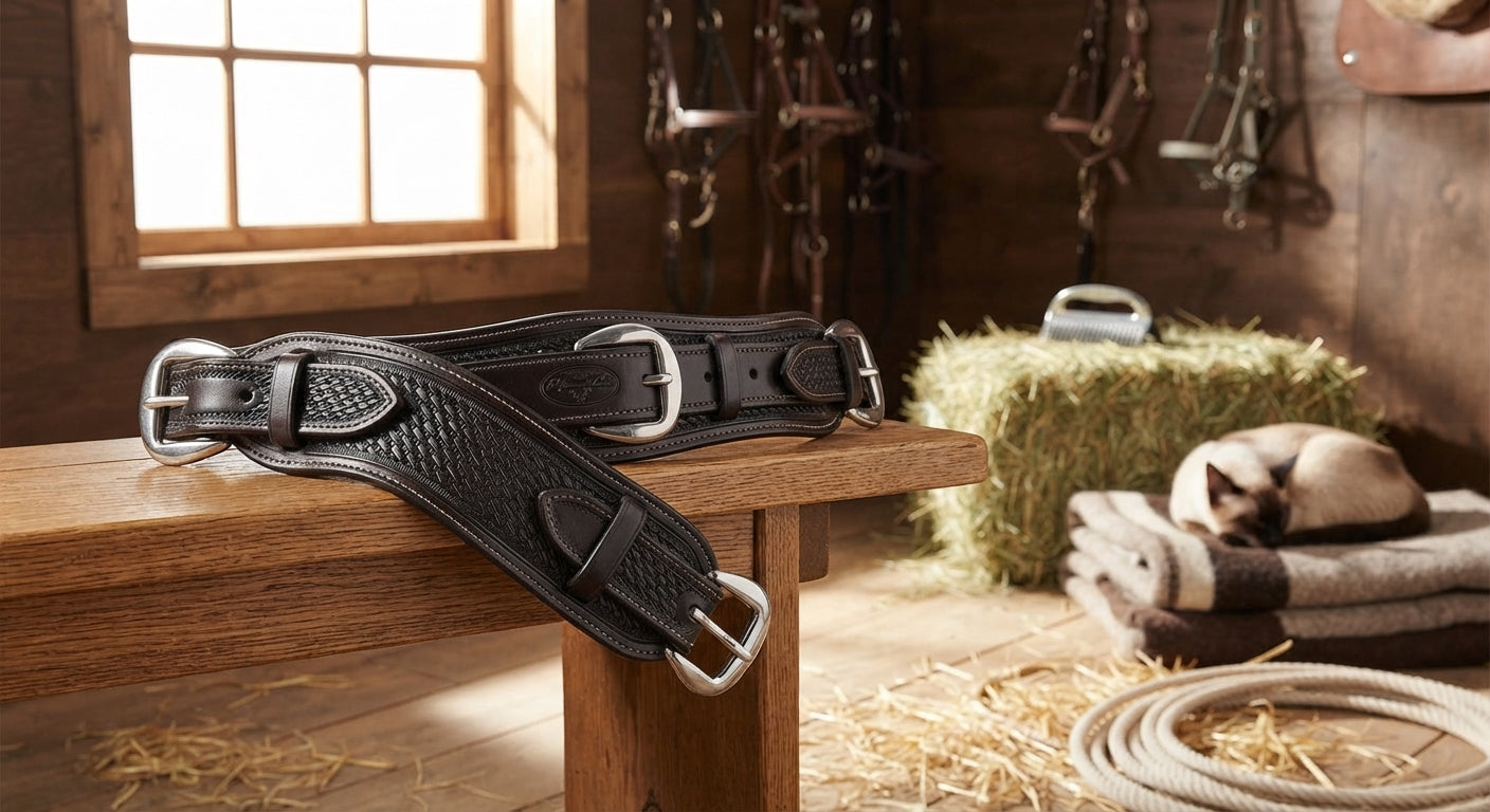 Lifestyle photo of Professional's Choice Heavy Duty Leather Ranch Flank Cinch - 6-Inch Width, Stainless Steel Hardware
