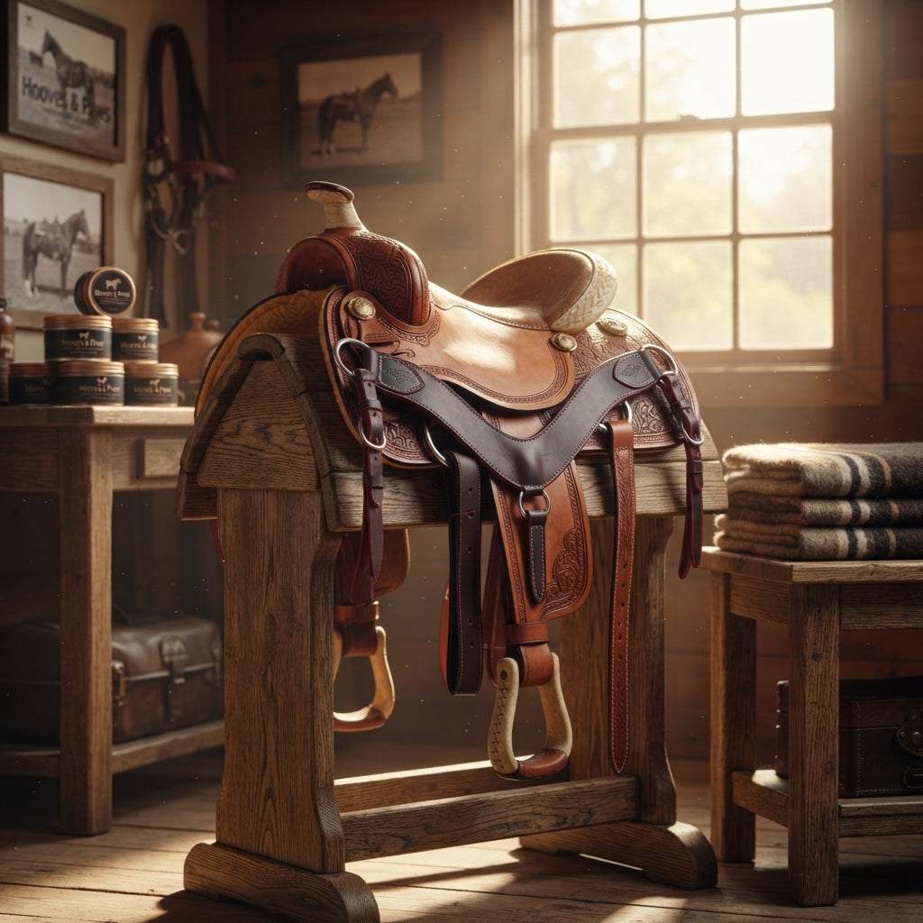 Lifestyle photo of Professional's Choice Ranch BC Tripper HO Western Ranch Saddle - Herman Oak Leather, Rawhide Tree - Multiple Sizes