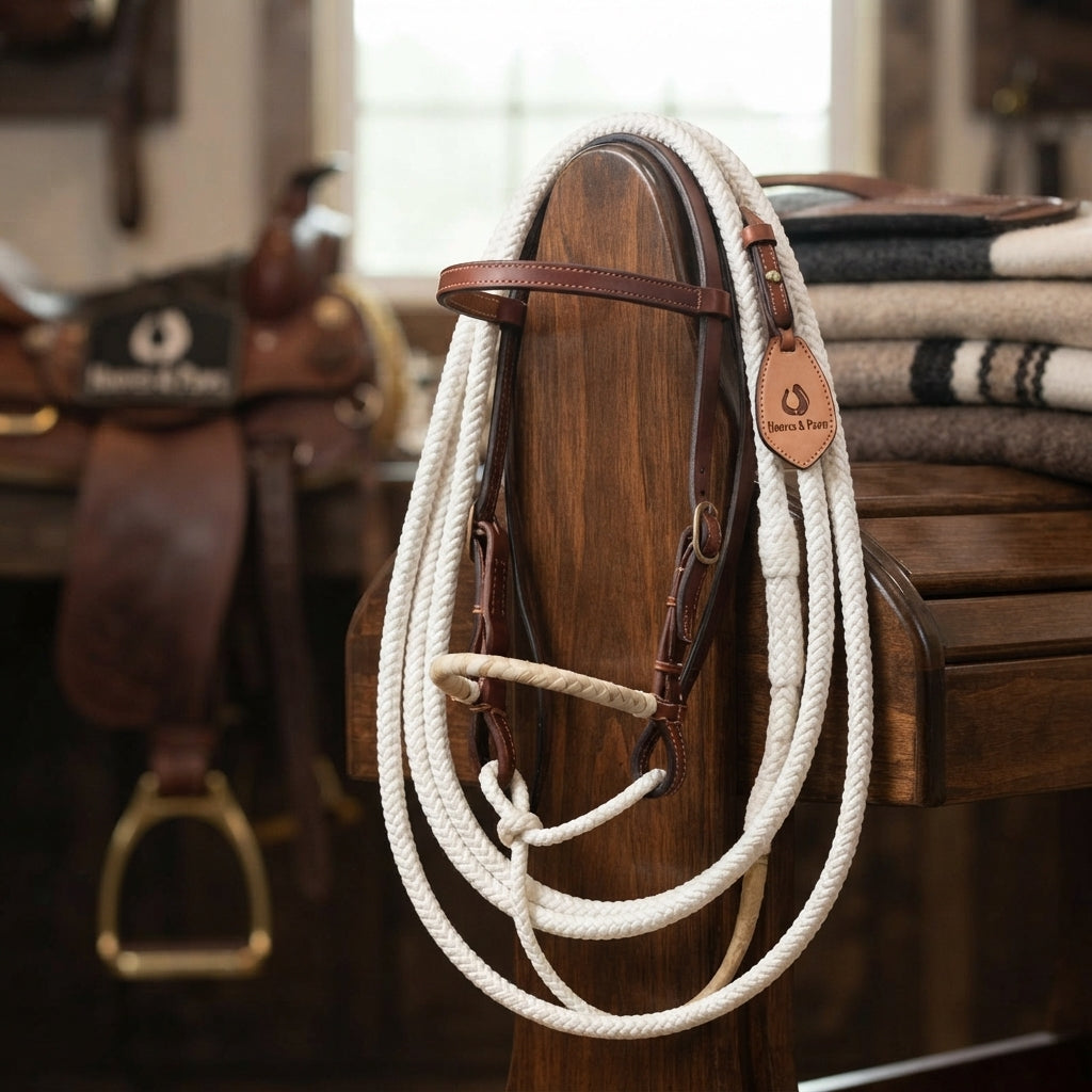 Lifestyle photo of Professional's Choice Loping Hackamore with Rawhide Nose & MT Reins