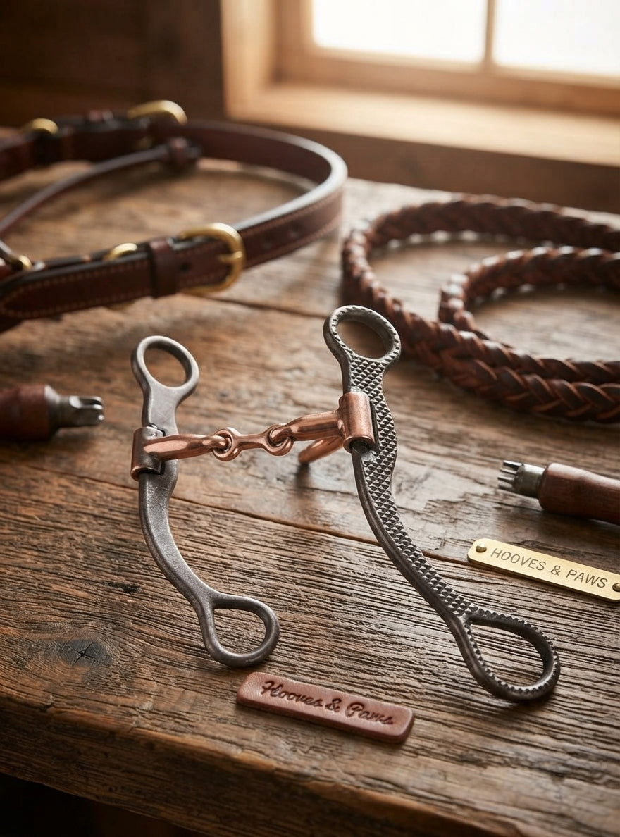 Lifestyle photo of Classic Equine Rasp Performance Series Straight Shank Bit with Smooth Bar Dogbone - 7-inch Shanks