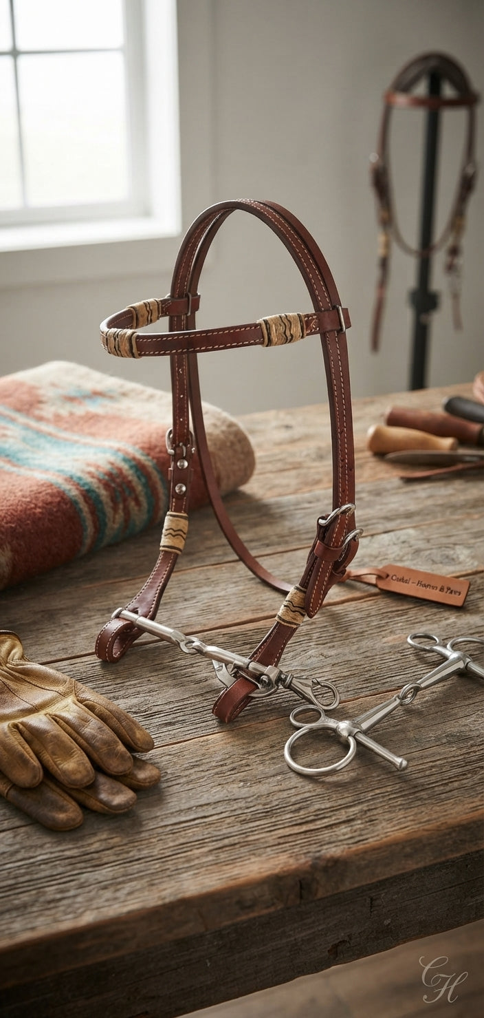 Lifestyle photo of Cashel Rawhide Browband Headstall – Quick-Change Bit Ends