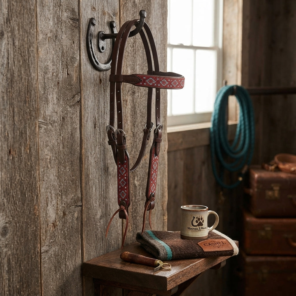 Lifestyle photo of Cashel Beaded Turquoise Browband Headstall – Chocolate Leather