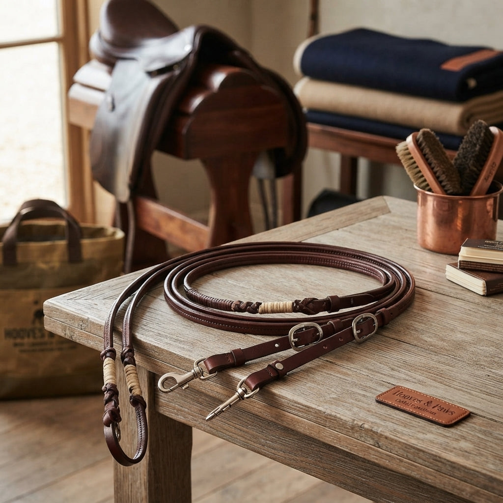 Lifestyle photo of Cashel 8 Foot Adjustable Leather & Rawhide Reins - Premium Equestrian Tack with Quick-Release Snaps - 8' Length