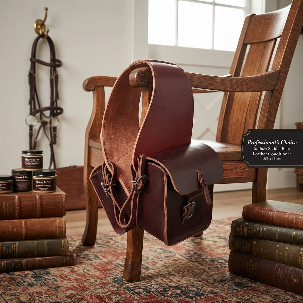 Lifestyle photo of Professional's Choice Burlington Double Pouch Equestrian Saddle Bag - Burgundy Latigo Leather, 5.5" x 6.5" x 3"