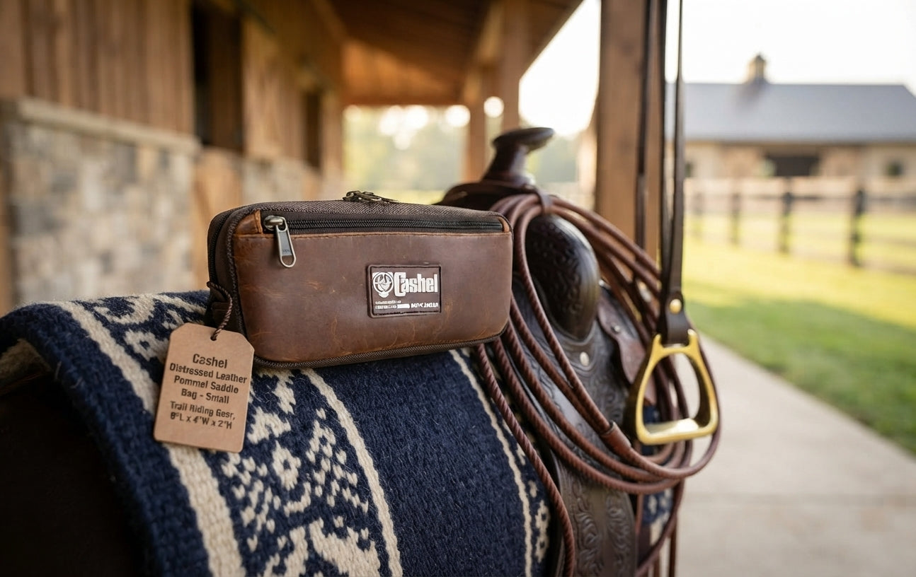 Lifestyle photo of Cashel Distressed Leather Pommel Saddle Bag - Small Trail Riding Gear, 9"L x 4"W x 2"H