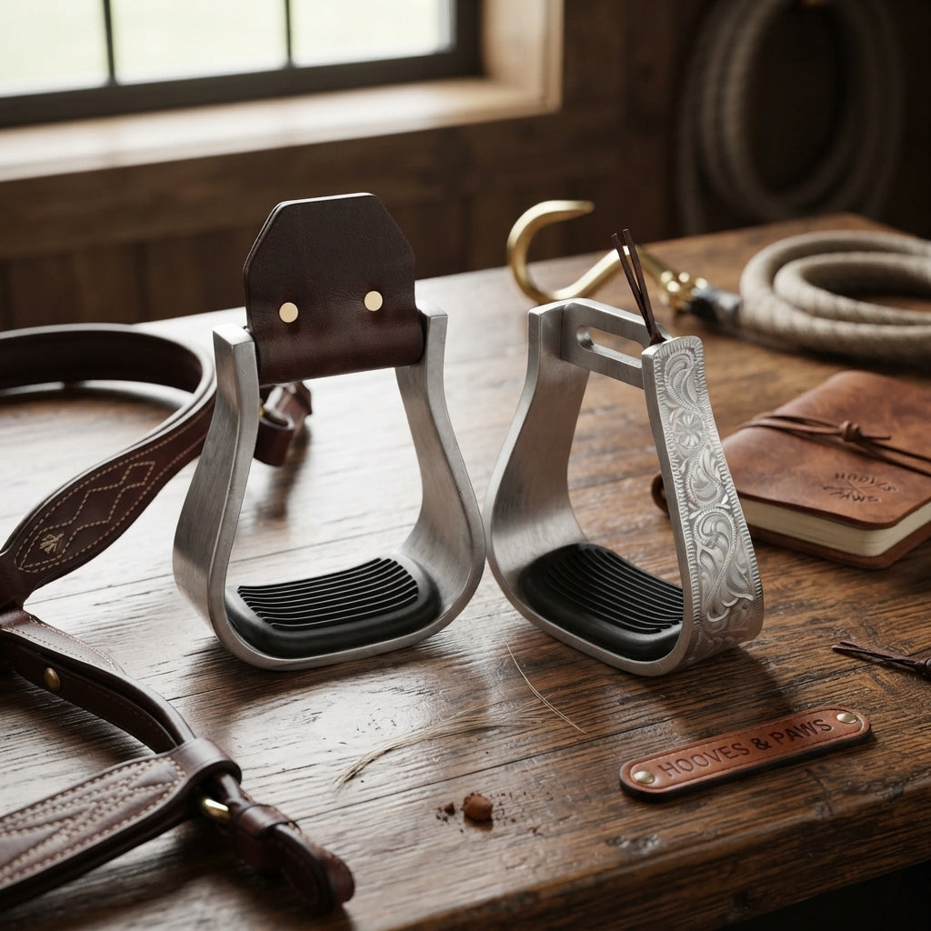 Lifestyle photo of Martin Saddlery Aluminum Engraved Stirrups with Rubber Tread
