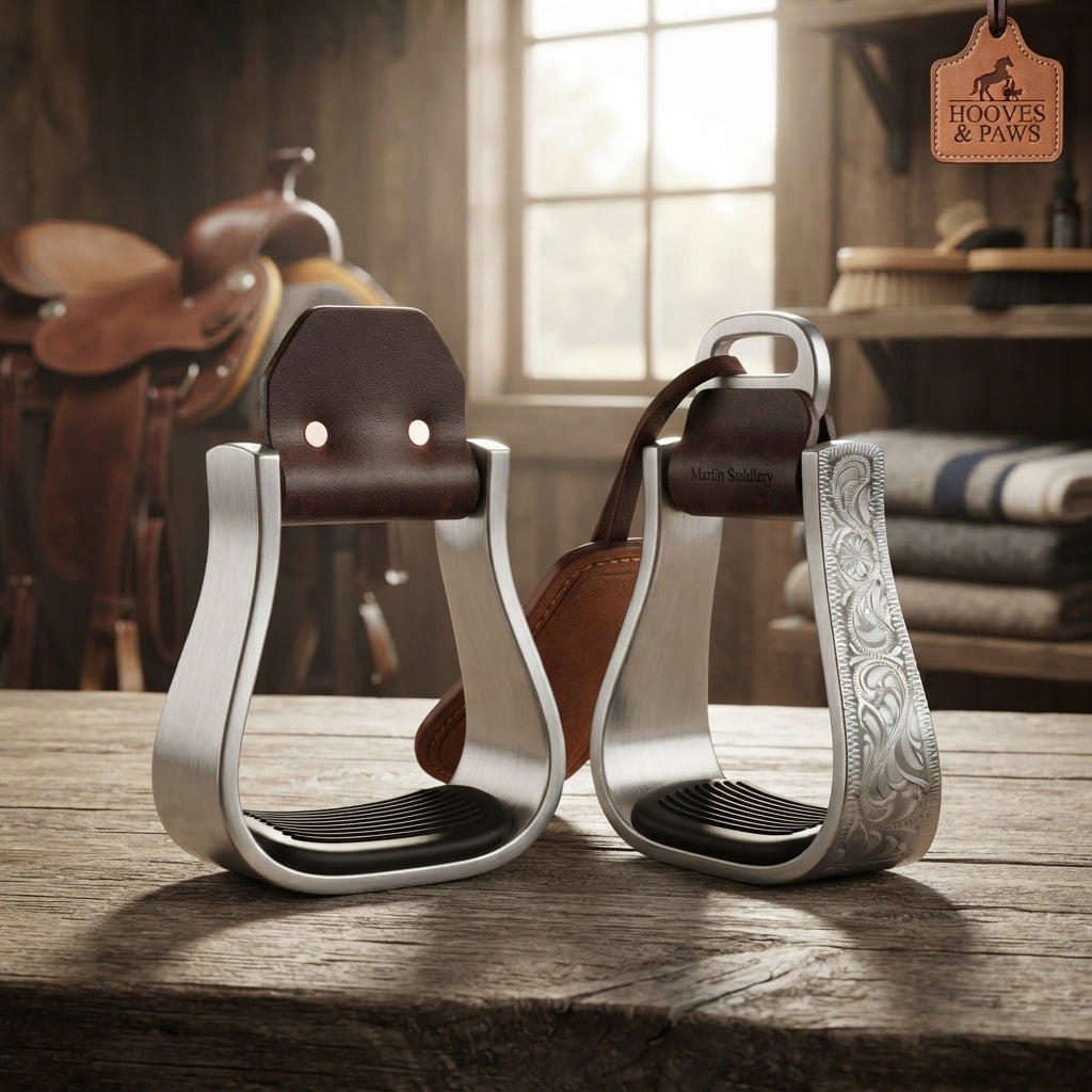 Lifestyle photo of Martin Saddlery Aluminum Engraved Stirrups with Rubber Tread