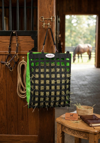 Lifestyle photo of Mackey, Inc. Classic Slow Feeder Hay Bag - 1.5-inch Holes, 2+ Flake Capacity, Heavy-Duty Nylon Mesh Equine Feeder