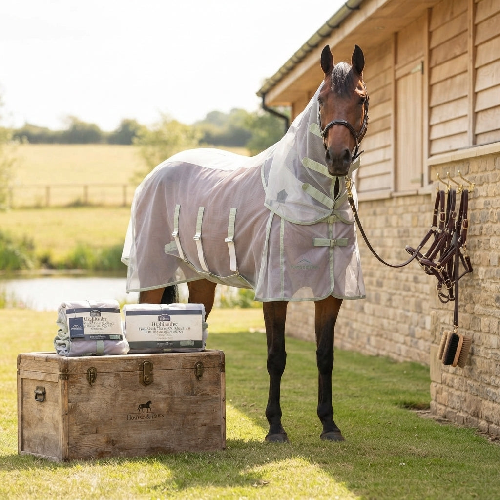Lifestyle photo of Shires Highlander Fine Mesh Horse Fly Sheet with Detachable Neck Set - White/Sage - Multiple Sizes