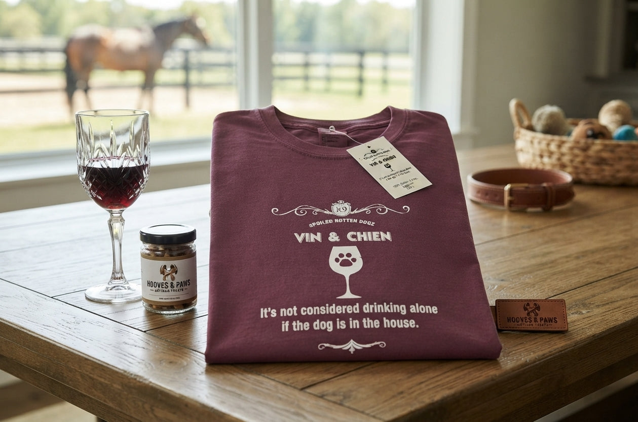 Lifestyle photo of Spoiled Rotten Dogz 'Not Drinking Alone' Funny Dog Lover Wine T-Shirt for Women - 100% Cotton, 5.5 oz, Eggplant - Multiple Sizes