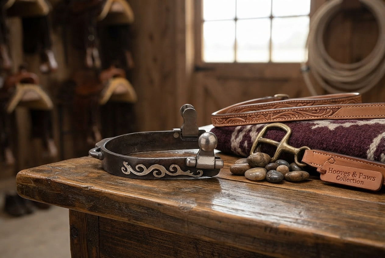 Lifestyle photo of Classic Equine Engraved Scroll Bumper Spurs - 1/2" Band, Antique Finish with Silver and Copper Scroll Detail