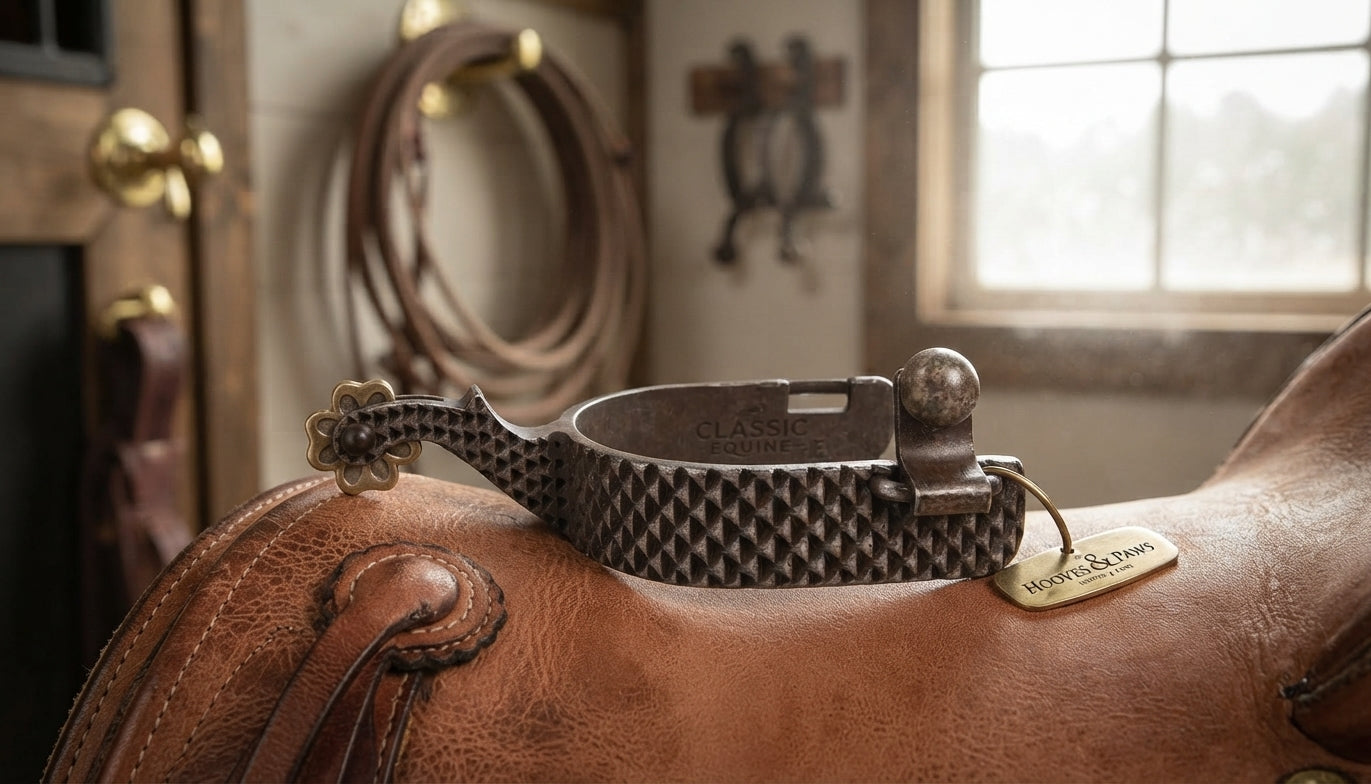 Lifestyle photo of Classic Equine Rasp Spurs - 1-Inch Weighted Band Roper Style Drop Shank Western Performance Horse Spurs