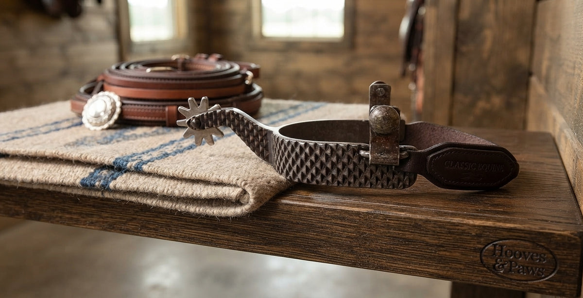 Lifestyle photo of Classic Equine Rasp Reiner Spurs - Weighted 1-inch Band and 2-inch Raised Shank - Traditional Western Style
