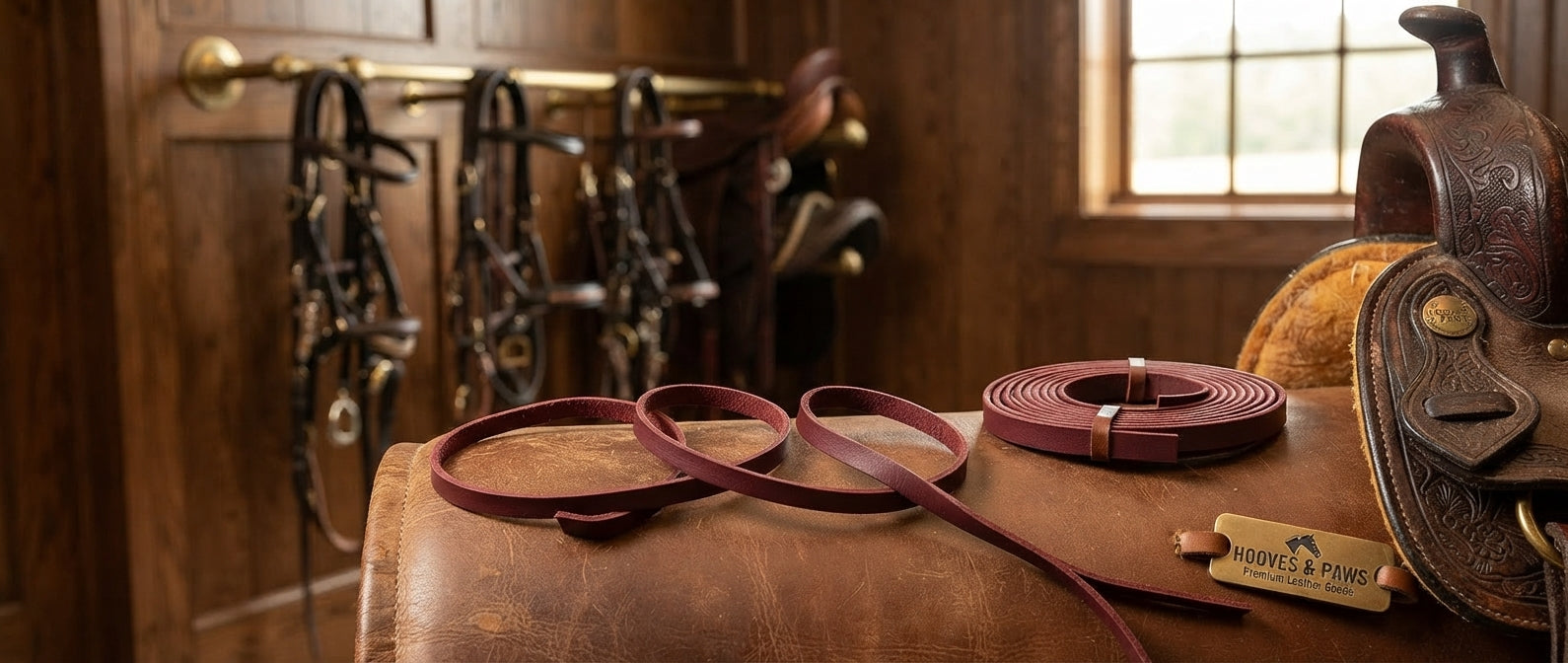 Lifestyle photo of Professional's Choice Burgundy Latigo Leather Saddle Strings 2-Pack - 3/8" x 72" (6 Feet)