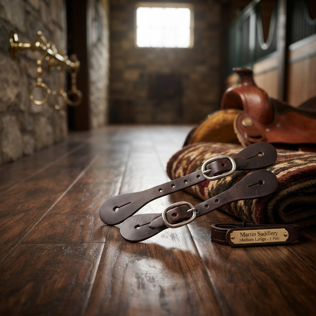 Lifestyle photo of Martin Saddlery Medium Latigo Leather Spur Straps - Brown, Pair - Nickel over Brass Buckles