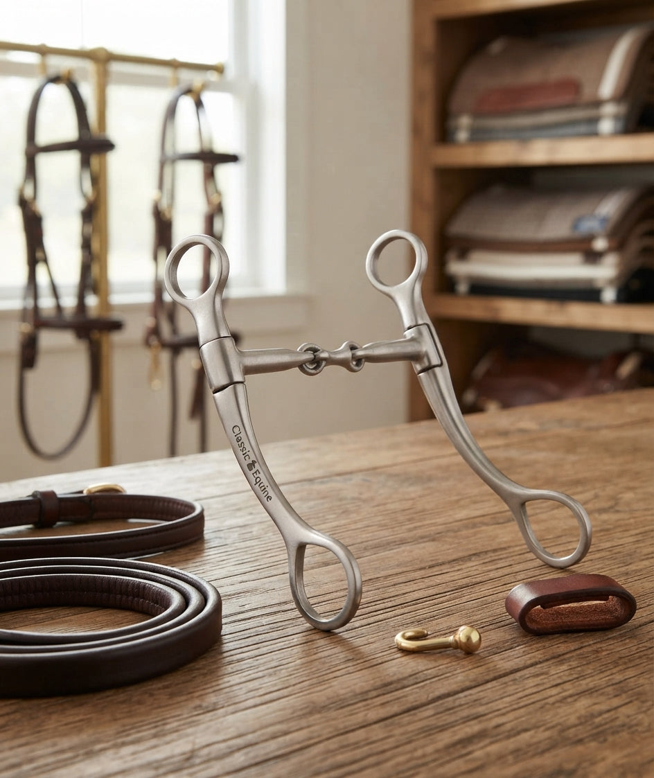Lifestyle photo of Classic Equine BitLogic Performance Dogbone Long Shank Horse Bit - Stainless Steel Double Jointed