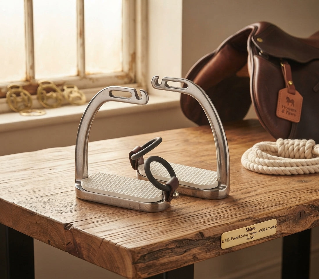 Lifestyle photo of Shires Fillis Peacock Safety Stirrups #676C - Stainless Steel Child & Youth Equestrian Safety Stirrups