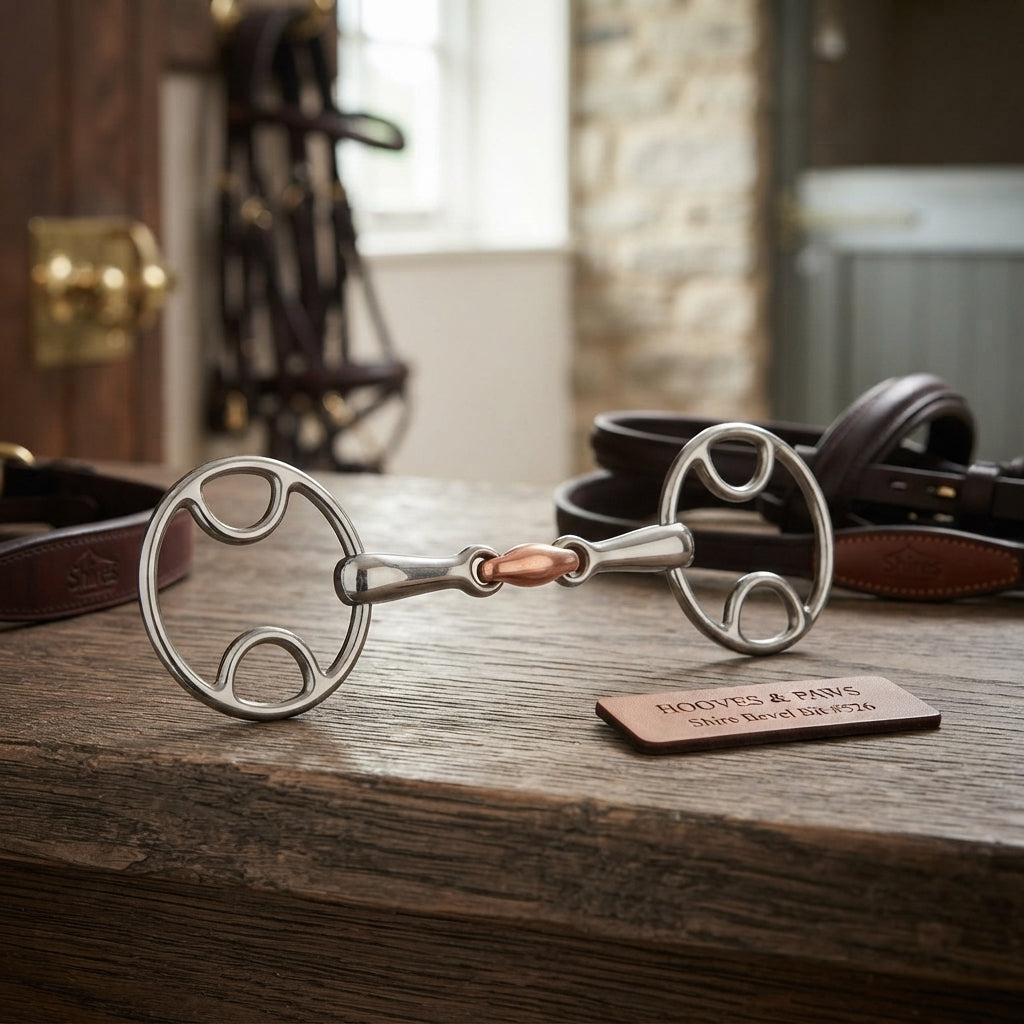 Lifestyle photo of Shires Bevel Bit with Copper Lozenge - Stainless Steel Double Jointed Horse Bit #526