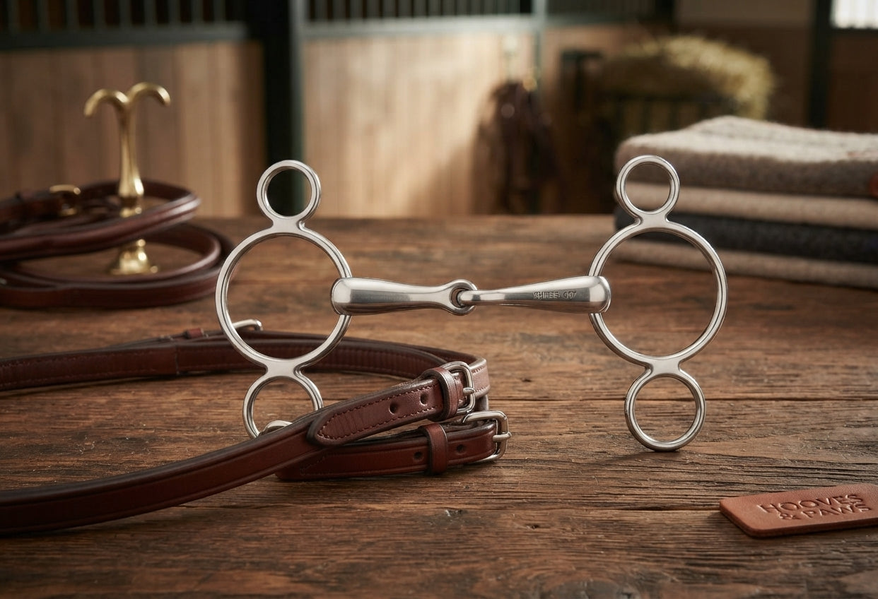 Lifestyle photo of Shires Dutch Gag #607 3-Ring Single Jointed Horse Bit - Stainless Steel - Multiple Sizes