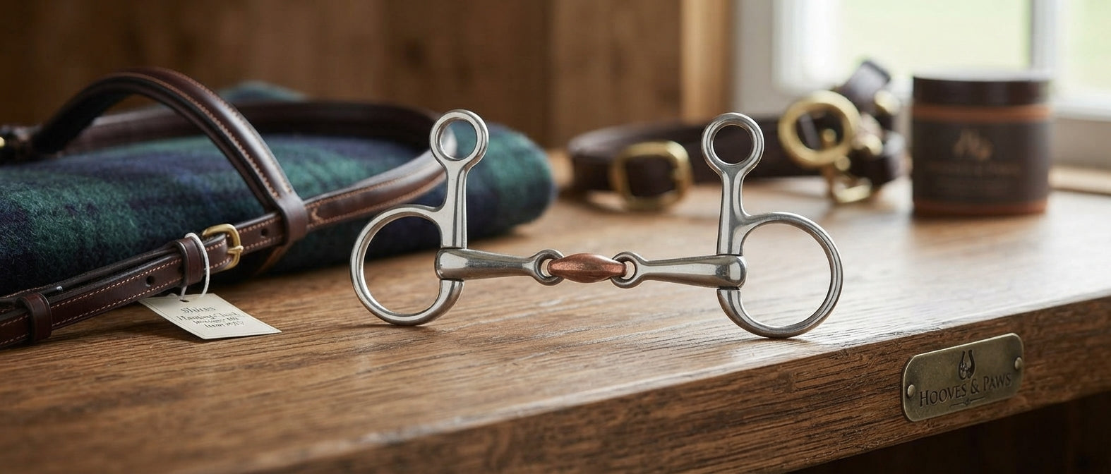 Lifestyle photo of Shires Hanging Cheek Baucher Bit with Copper Lozenge - Stainless Steel Horse Bit #527