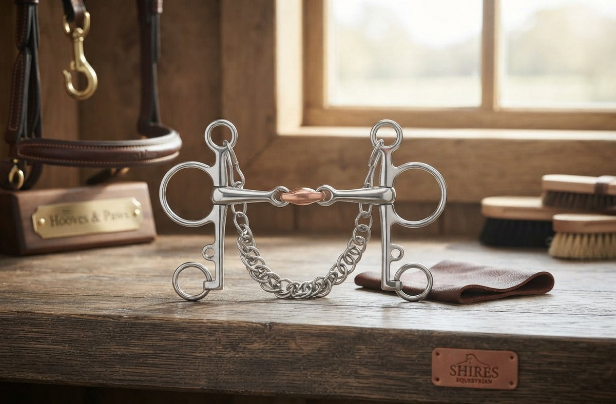 Lifestyle photo of Shires Double Jointed Copper Lozenge Pelham Horse Bit - Stainless Steel & Copper, 16mm - Multiple Sizes