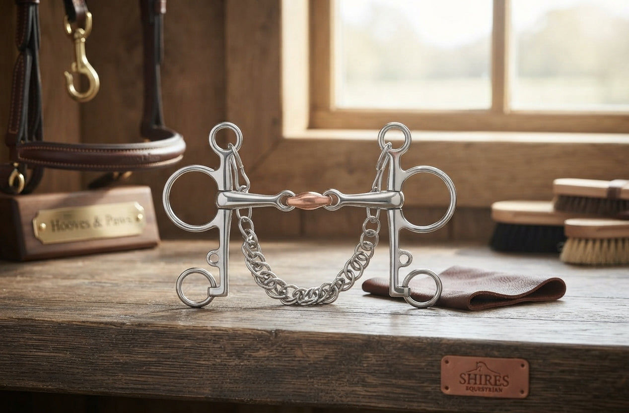 Lifestyle photo of Shires Double Jointed Copper Lozenge Pelham Horse Bit - Stainless Steel & Copper, 16mm - Multiple Sizes