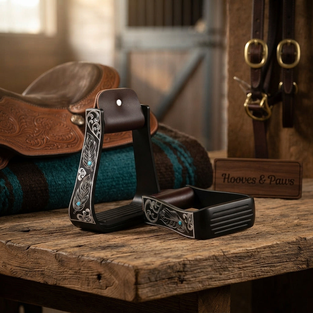 Lifestyle photo of Professional's Choice Turquoise Feather Engraved Aluminum Western Stirrups - 5 3/8" Width, 3" Neck (Pair)