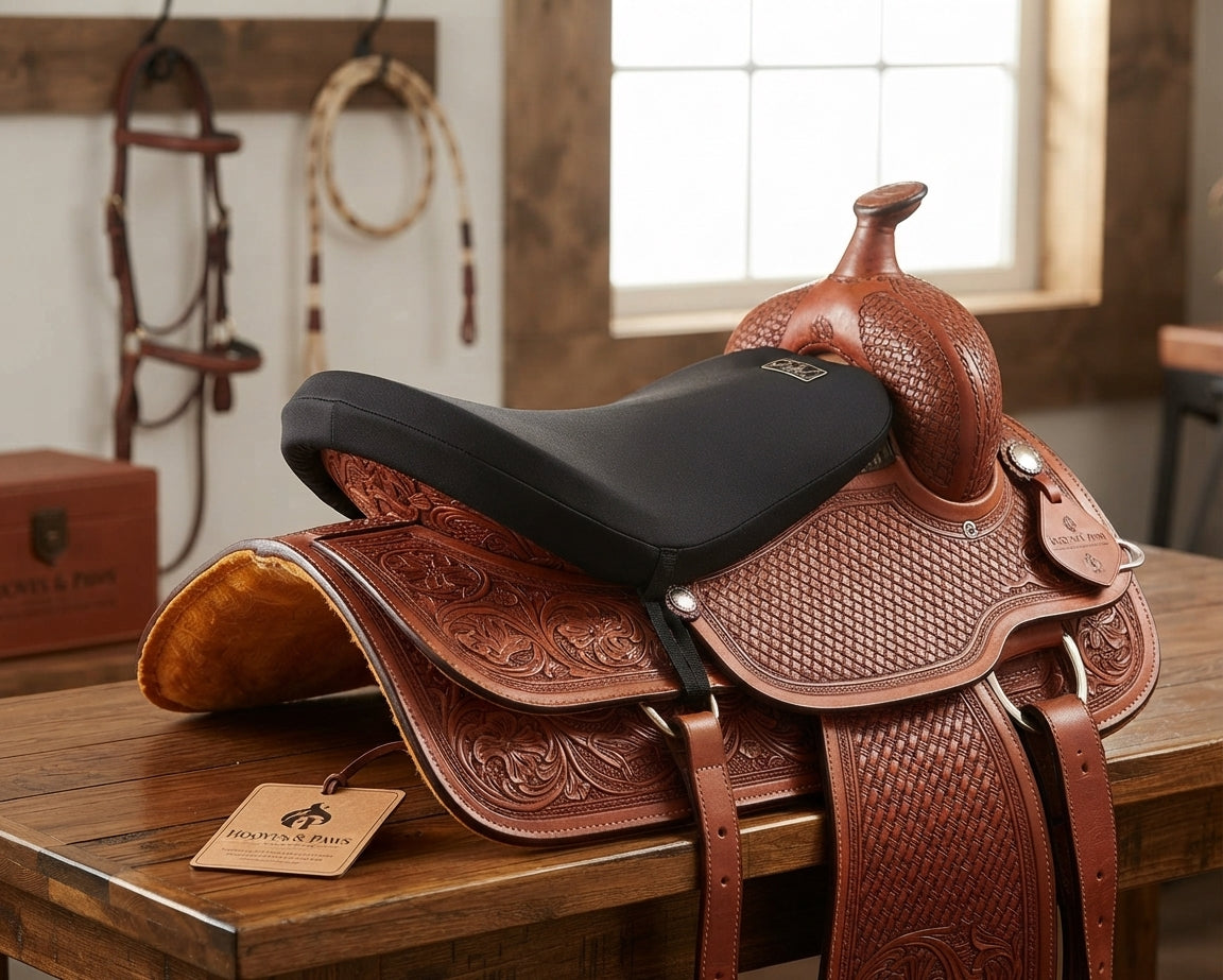Lifestyle photo of Cashel Western Luxury Tush Cushion - 1/2 inch Foam Saddle Seat Pad, 17" L x 15.5" W - Black