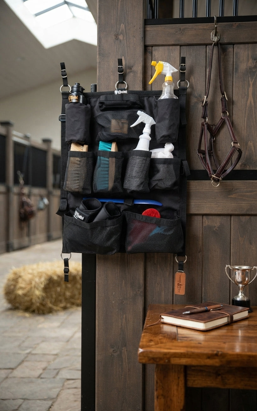 Lifestyle photo of Cashel Stall Organizer - Polyethylene Horse Barn Storage with Mesh & Insulated Pockets