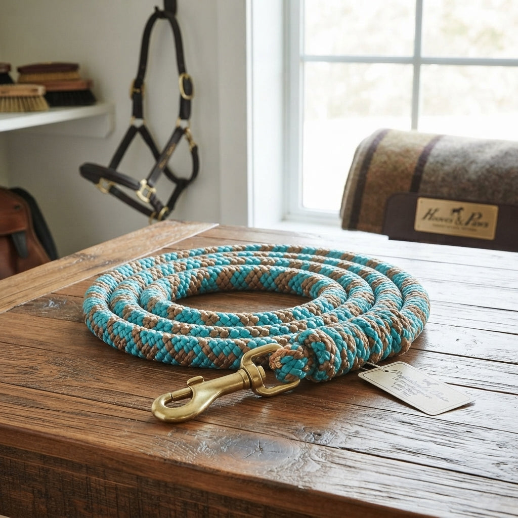 Lifestyle photo of Professional's Choice Poly Cotton Horse Lead Rope with Heavy Duty Snap - 10 ft Tan/Turquoise
