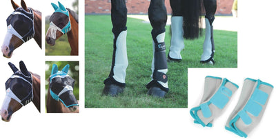 Shires Fine Mesh Horse Equine Fly Mask 60% UV Protection and 4 Pack Fly Boots Value Pack - Hooves and Paws