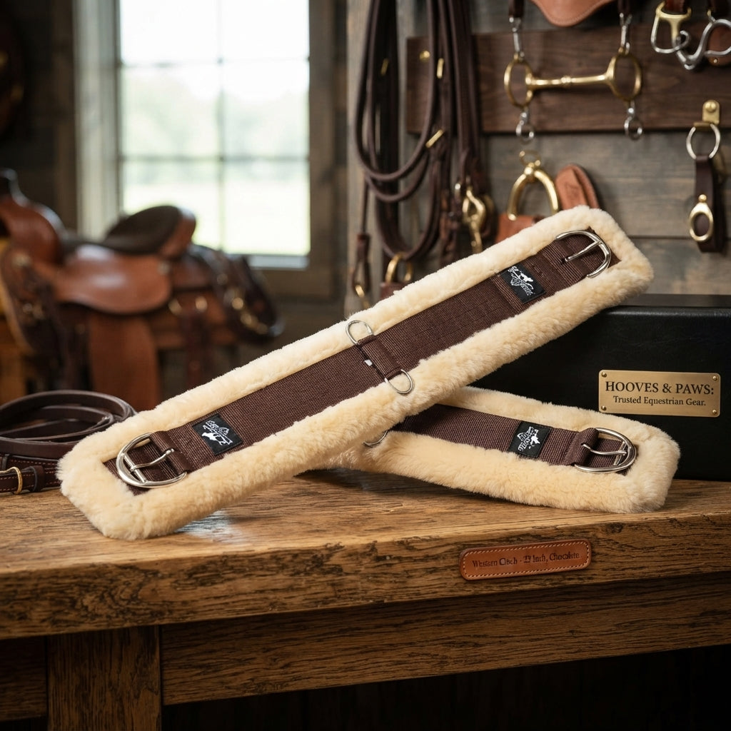 Lifestyle photo of Professional's Choice Western Cinch with All-Natural Shearling Lining and Stainless Steel Roller Buckle - 22 Inch, Chocolate