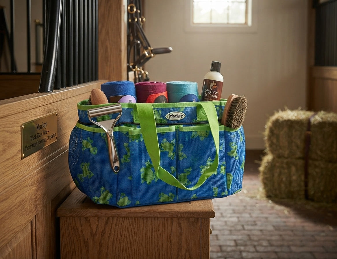 Lifestyle photo of Mackey Wash Rack Tote — Ventilated Mesh Grooming Organizer
