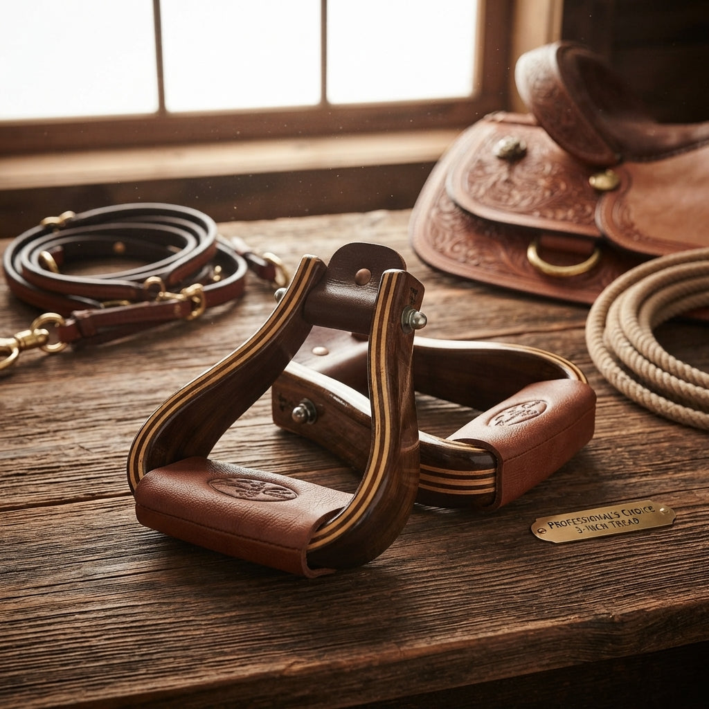 Lifestyle photo of Professional's Choice Wood Western Horse Stirrups - 3-Inch Tread, Dark Gloss Laminated Hardwood, Pair