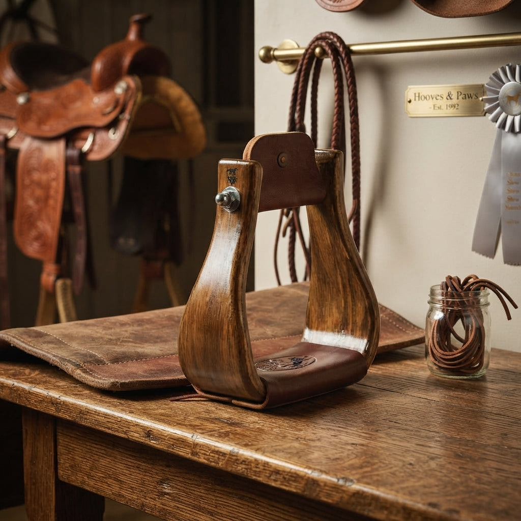 Lifestyle photo of Professional's Choice Wood Stirrups - 3-Inch Tread Medium Gloss Finish with Laced Leather Treads