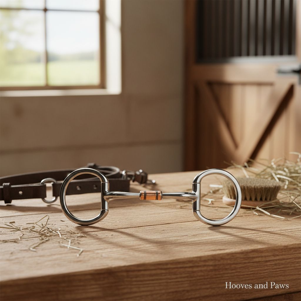 Myler MB 02 Eggbutt Snaffle Bit, stainless steel with copper inlay, on a rustic wooden table with a leather bridle and stable accessories.