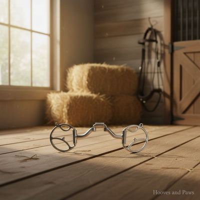 Myler 5-inch Western Dee horse bit with hooks and correctional wide port MB 41PBW, lying on a sunlit wooden barn floor.