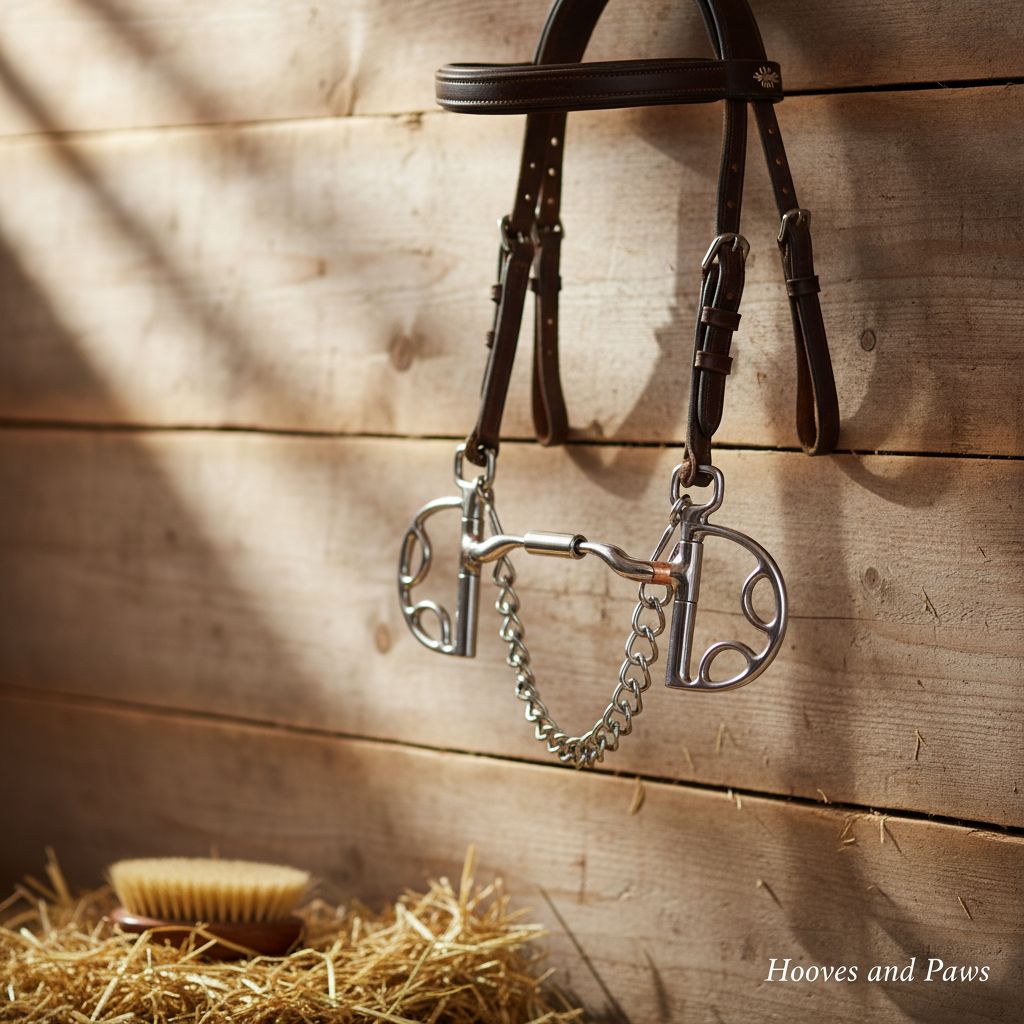Stainless steel Myler Kimberwick Snaffle Bit with low port and copper inlay, hanging on a bridle against a rustic wooden barn wall. Hay and a horse grooming brush are visible in the foreground.