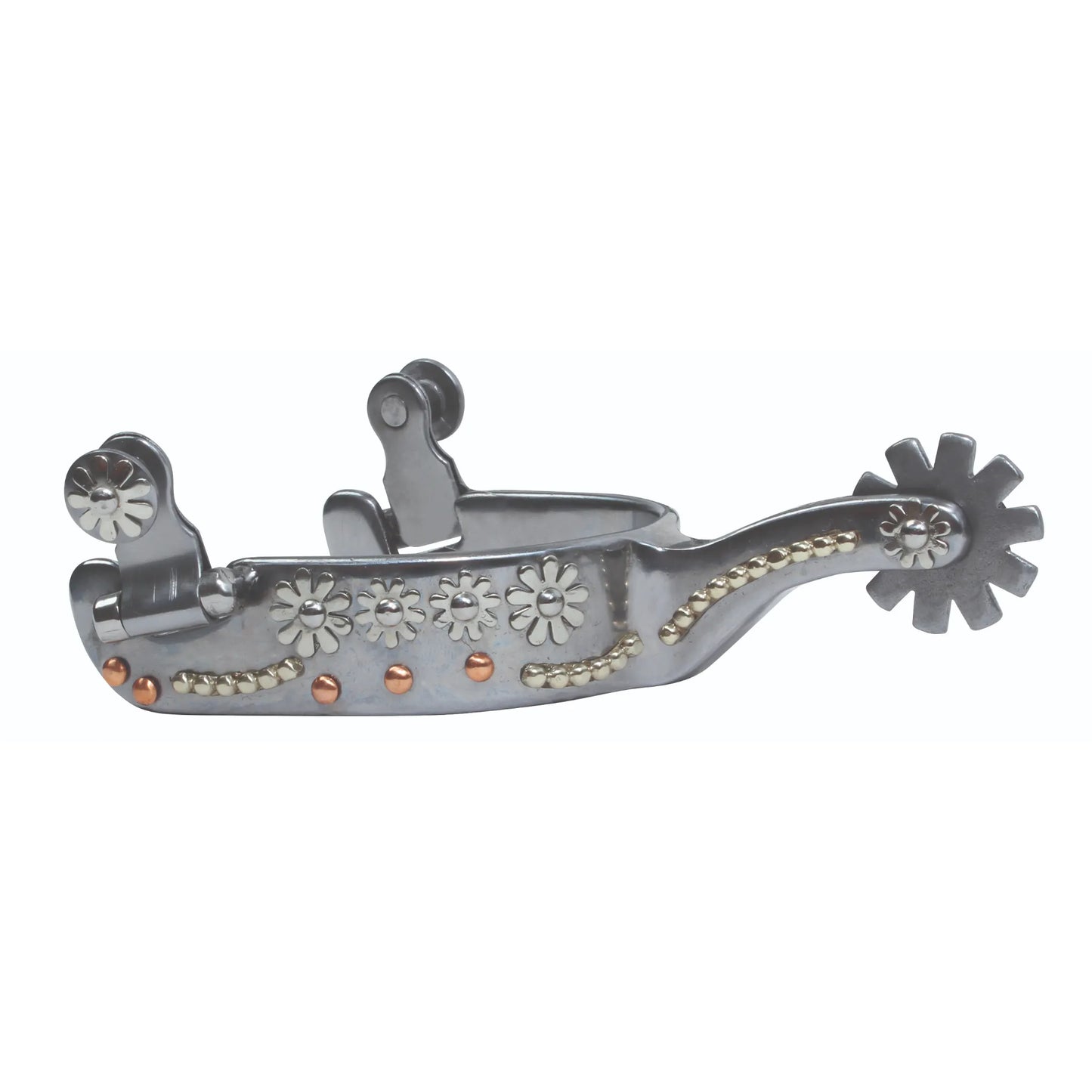 African Violet 'Lady Spur Daisy' western riding spur. This polished silver equestrian accessory features raised silver daisy flower overlays, contrasting copper studs, and a delicate beaded silver trim. Designed with a star-shaped rowel and swing arms for straps, these decorative floral spurs offer a feminine touch to traditional western horse gear, perfect for horse shows or trail riding.