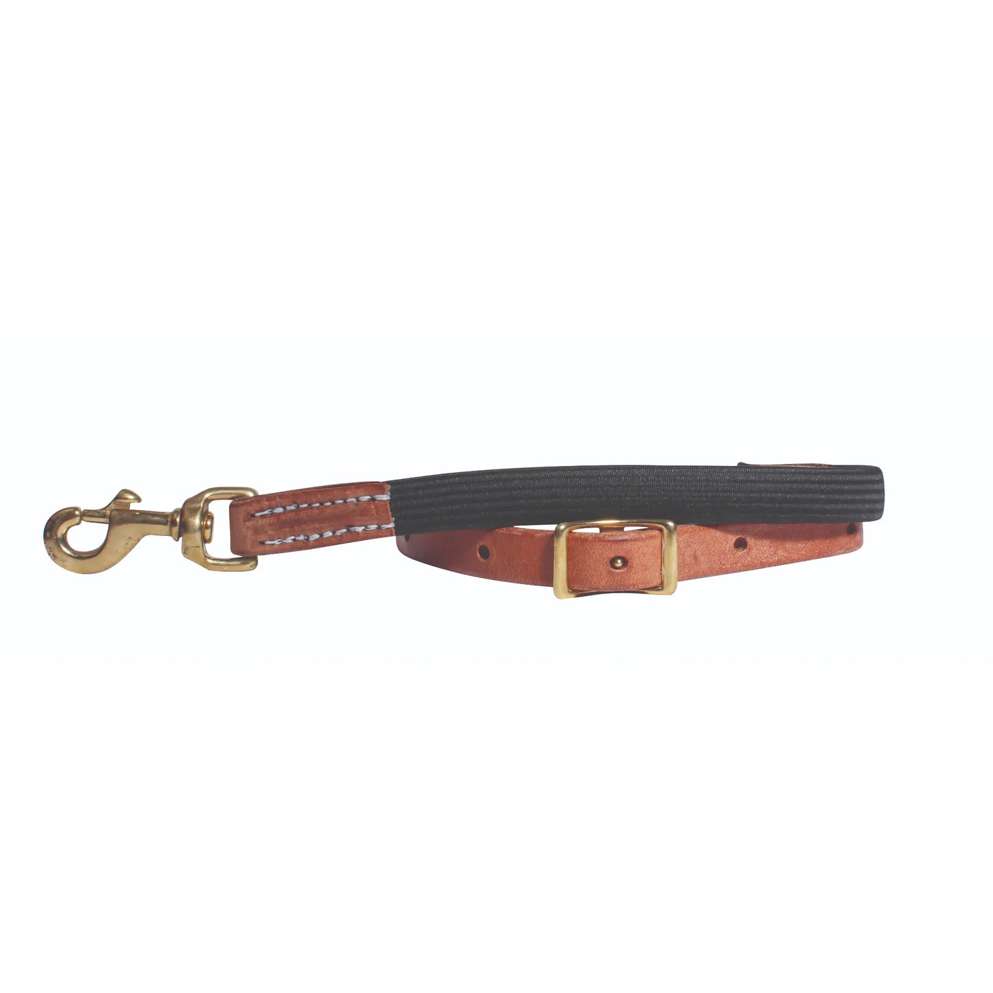 Professionals Choice Al Dunning Ultimate Tiedown featuring durable tan leather, heavy-duty stitching, and a flexible black rubberized section. The design includes premium gold-tone brass hardware with a secure swivel snap and an adjustable buckle for a custom fit. A must-have horse tiedown for professional training and western equestrian performance.