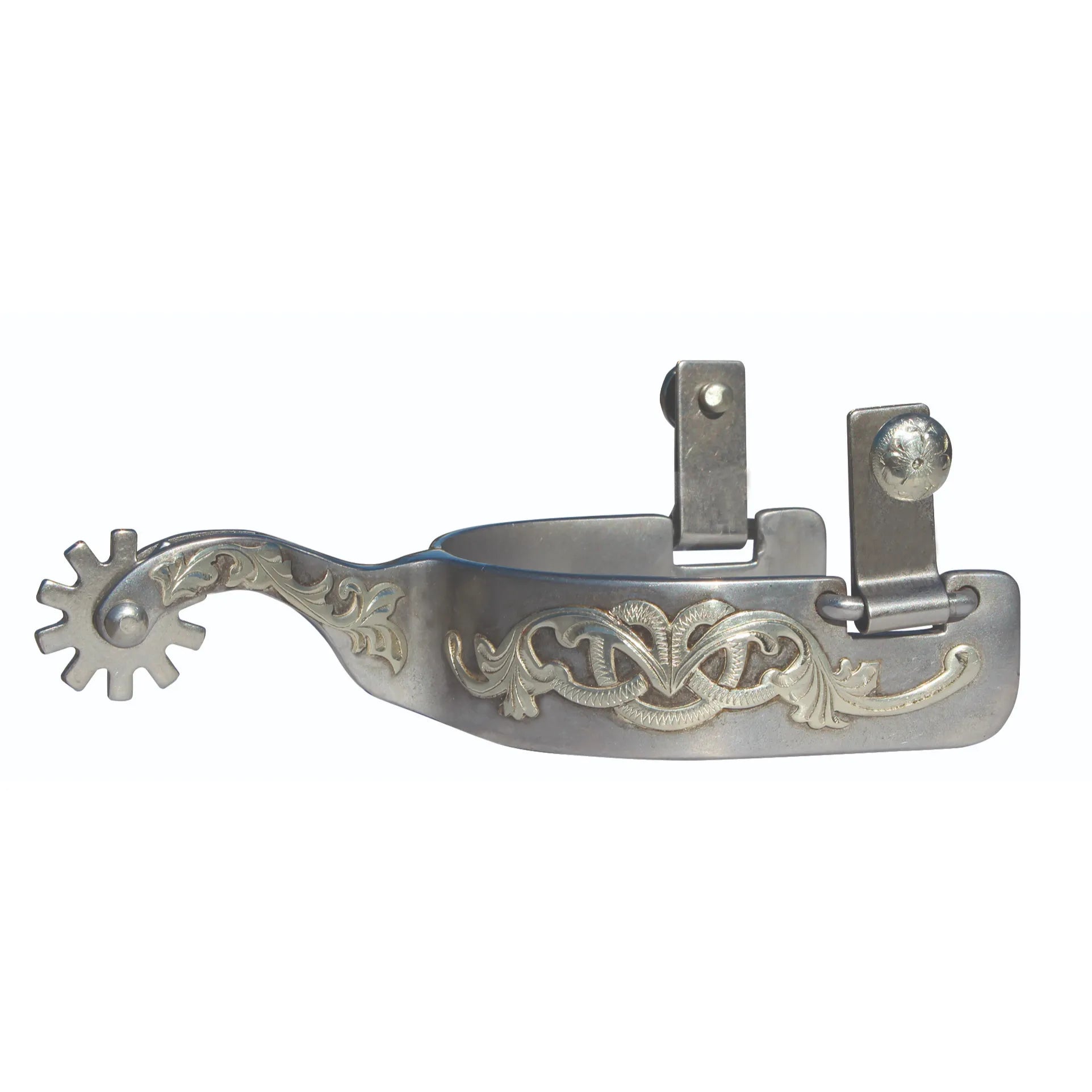 Ornate Western floral spur featuring intricate silver-toned scrollwork engraving on a polished metal heel band. This equestrian accessory includes a classic star-shaped rowel and decorative concho strap attachments, blending professional-grade durability with elegant style. Perfect for horse riding enthusiasts, this detailed piece captures the "Floral Spur" aesthetic found in the Alegria Women's Lady Professional Comfort Clogs collection.