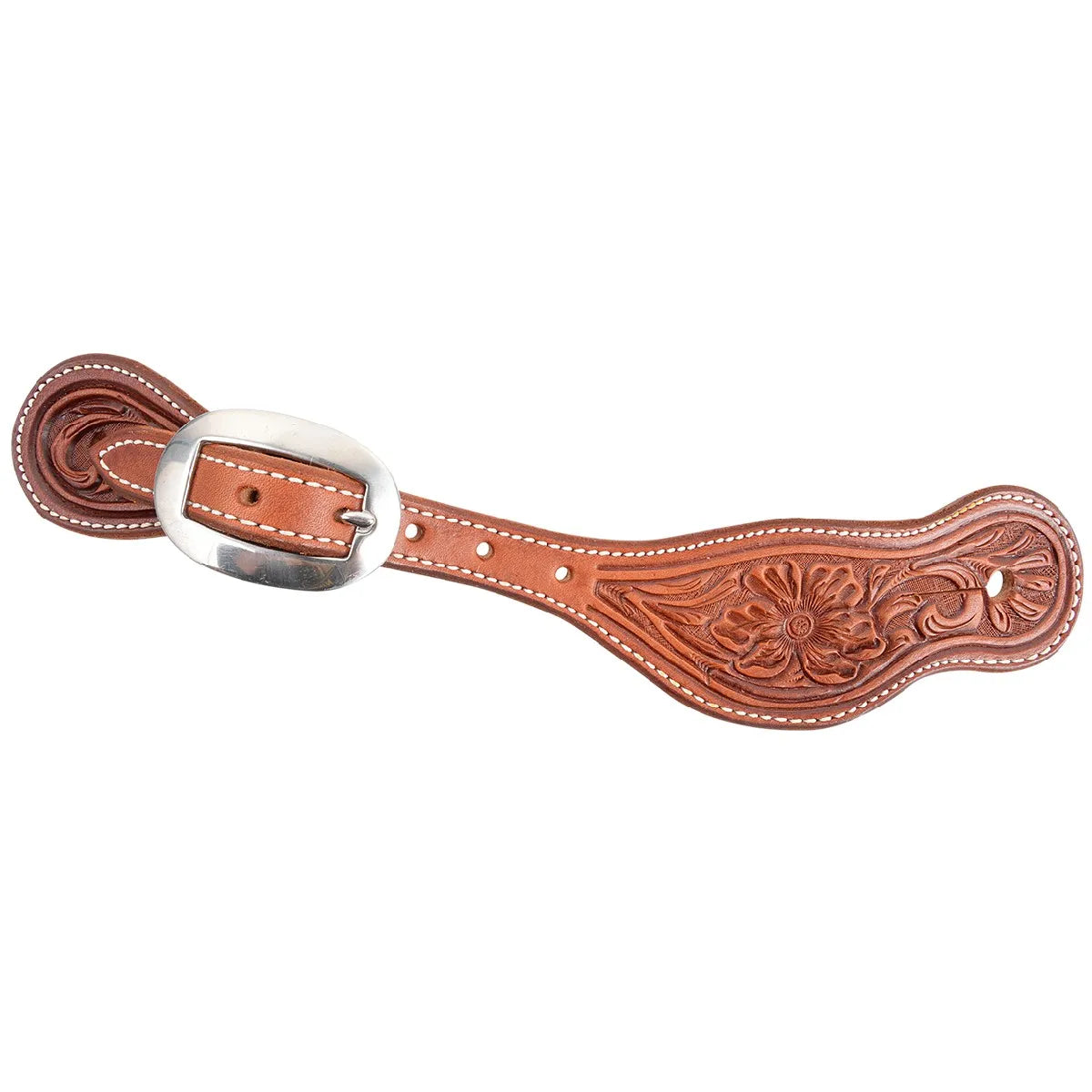 Alpine Flower tooling cowboy spur straps in rich chestnut leather featuring intricate floral designs and white contrast stitching. This Western horse tack includes a polished silver oval buckle and pre-punched holes for adjustable sizing. Perfect for riders looking for high-quality, hand-tooled leather equestrian accessories with a classic cowboy aesthetic.