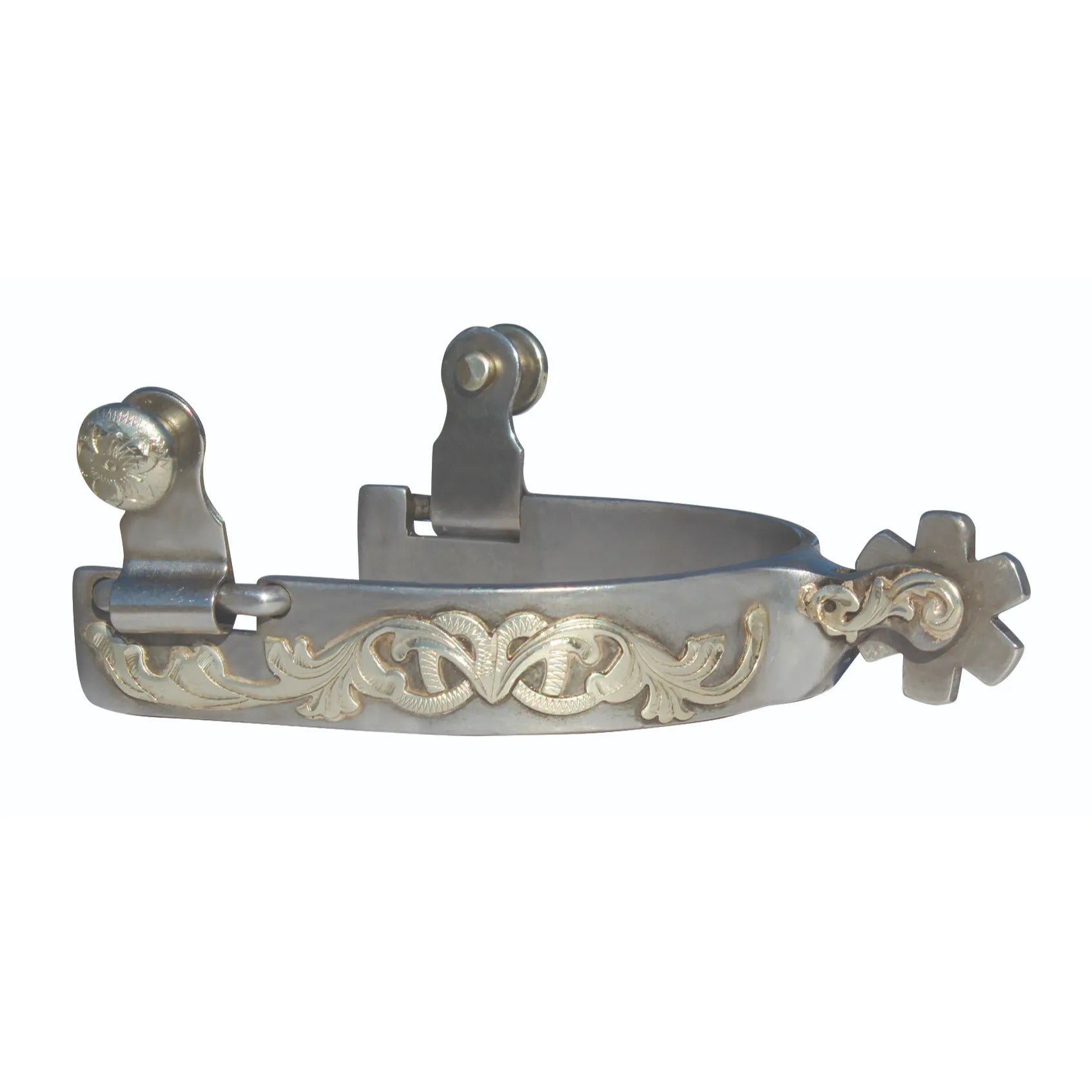 Antique Floral Engraved Short Shank Western Spurs from the AV Collection, featuring polished stainless steel with intricate gold-toned floral scrollwork. These premium cowboy spurs include a blunt star rowel and classic swinging buttons, offering a blend of vintage style and high-end equestrian craftsmanship. Perfect for Western riding, horse shows, or as a unique collector's piece of ornate tack.