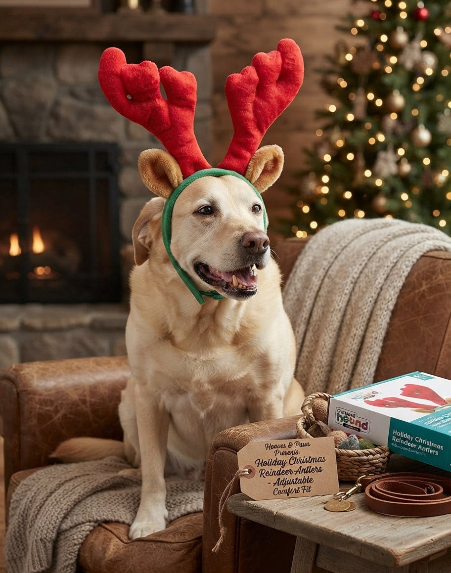 Lifestyle photo of Outward Hound Holiday Christmas Reindeer Antlers Dog Headband with Adjustable Chin Strap - Multiple Sizes