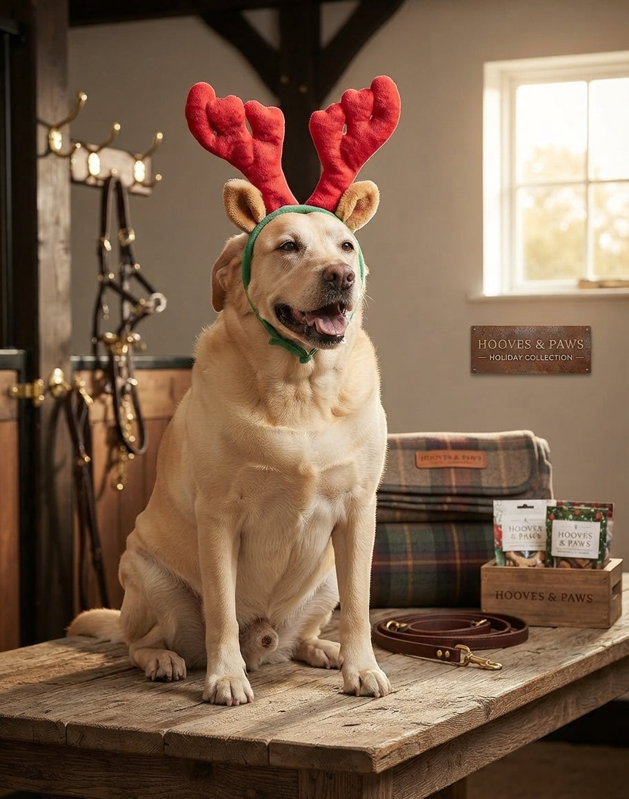 Lifestyle photo of Outward Hound Holiday Christmas Reindeer Antlers Dog Headband with Adjustable Chin Strap - Multiple Sizes