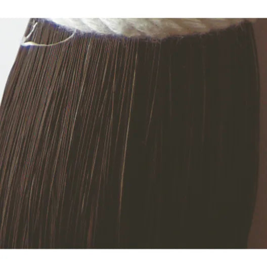 Close-up of a high-quality AQHA show-legal hunter tail extension in a natural dark brown shade. This 1 lb horse tail piece features a secure western knob design for easy grooming and attachment. The fine, straight hair strands provide a full, natural appearance for the equestrian show ring. Ideal for hunter and western pleasure competitions, this professional-grade horse hair extension ensures a seamless, polished look for your horse.