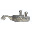 AV Floral Engraved Western Spurs with a medium shank and star-shaped rowel. These professional horse riding spurs feature intricate silver-plated floral scrollwork on a durable brushed steel heel band. Designed with dual buttons for secure strap attachment, these decorative western spurs are perfect for equestrian events, show rings, or trail riding. A stylish and functional addition to any rider's western tack collection.