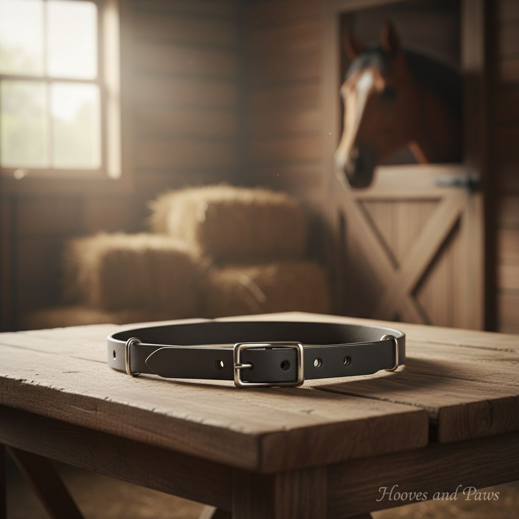 Dark grey Myler adjustable synthetic curb strap with a silver buckle on a rustic wooden table, in a sunlit barn with hay and a horse in the background.